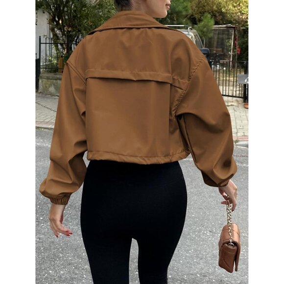 Womens Brown Tankaneo Cropped Jacket Zip Up Oversized Utility Anorak Coat - Picture 4 of 4